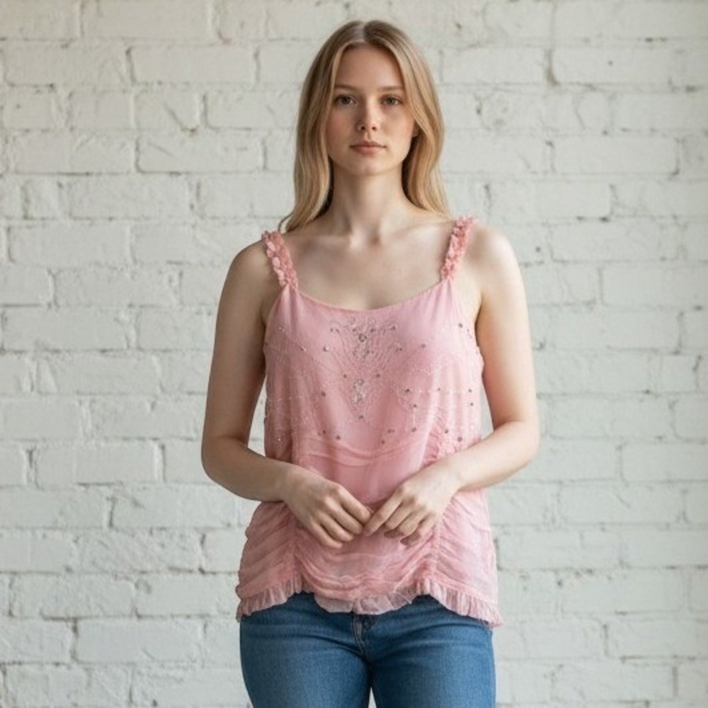 WD·NY Beaded Silk Camisole Women 14 Pink Sequin Ruched Ruffle Tank Top NWT